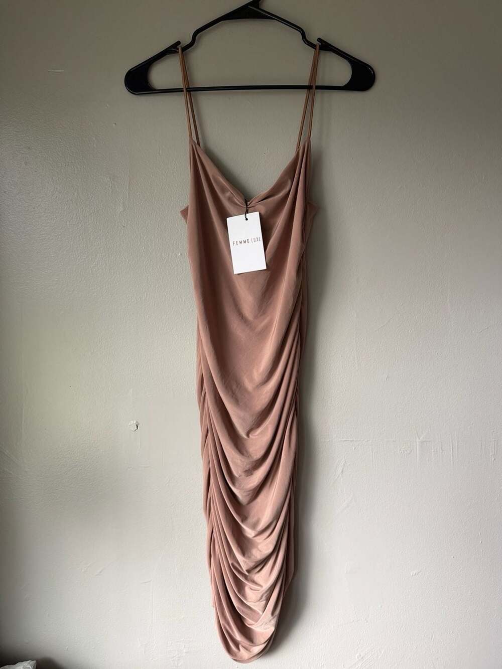 Femme Luxe Ruched Bodycon Mini Dress in Nude Blush Pink t3